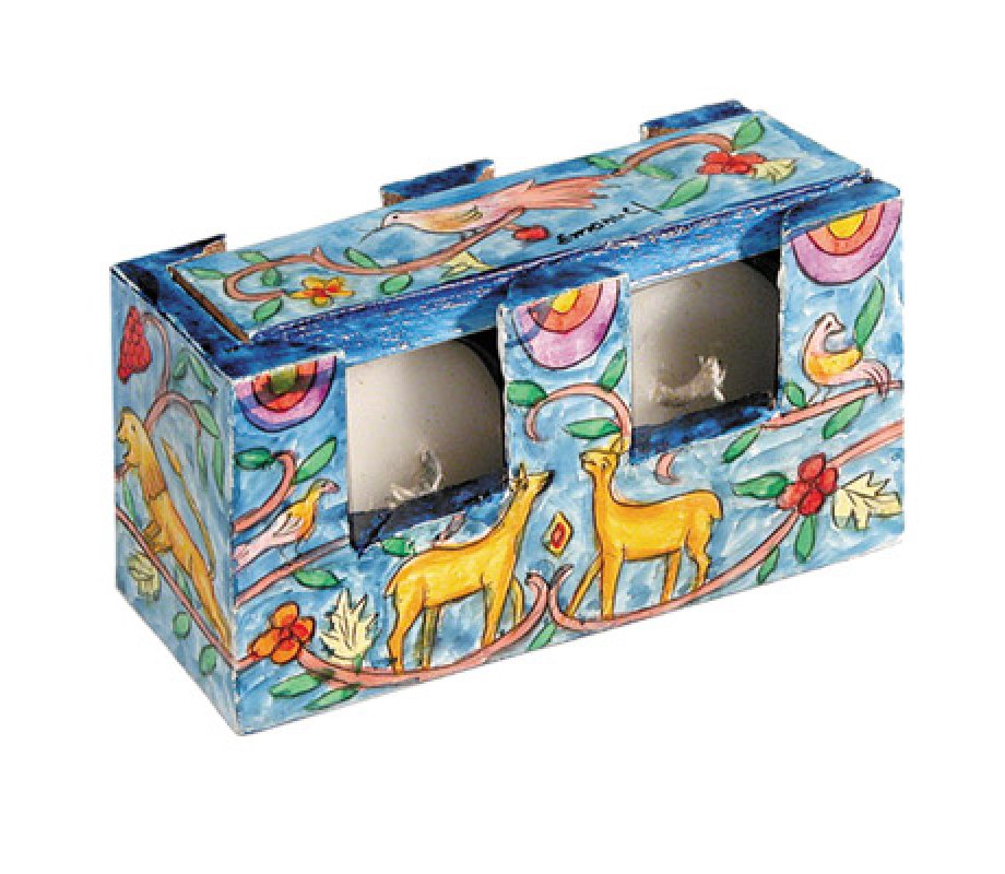 Hand Painted Travel Shabbat Candlesticks in Wood Box, Forest Scene - Yair Emanuel
