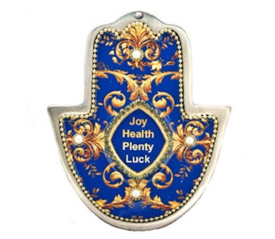 Hand Painted Wall Hamsa with English Blessings, Beads and Crystals - Gold on Blue