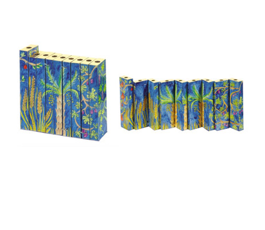 Hand Painted Wood Accordion Hanukkah Menorah, Seven Species - Yair Emanuel