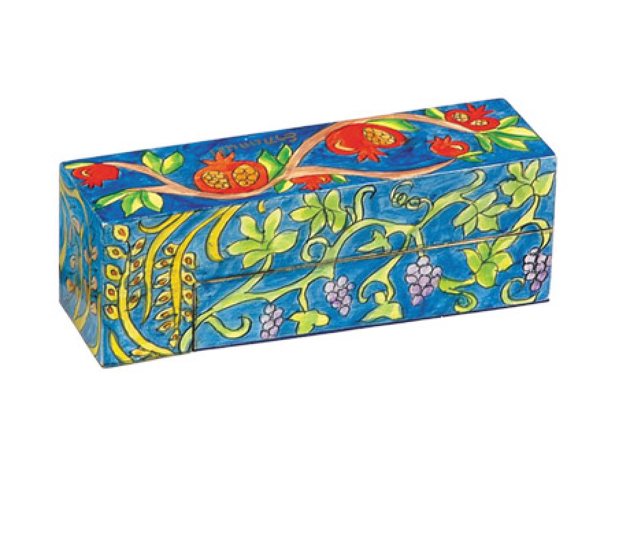 Hand Painted Wood Compact Hanukkah Menorah with Seven Species - Yair Emanuel