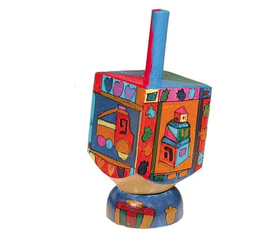 Hand Painted Wood Dreidel on Stand with Childrens Images Small - Yair Emanuel