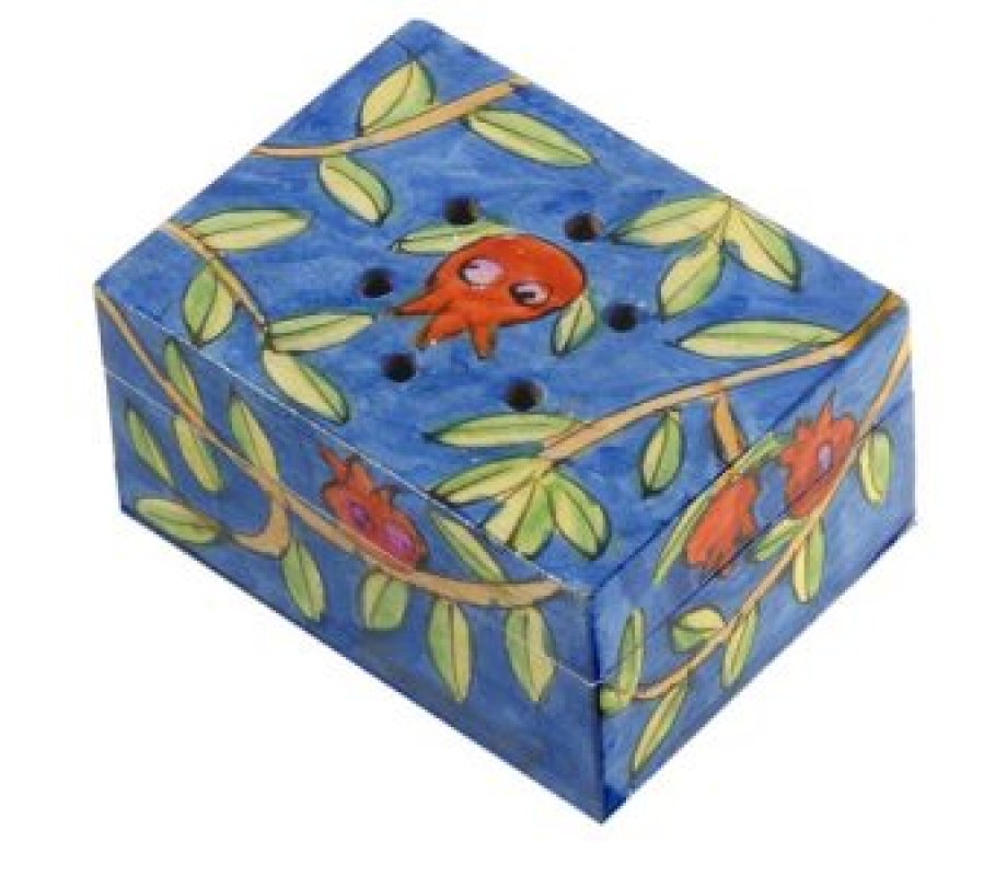 Hand Painted Wood Spice Box with Cloves, Pomegranates - Yair Emanuel