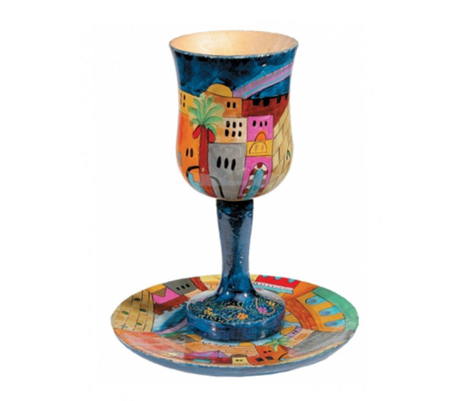 Hand Painted Wood Stem Kiddush Cup and Plate, Jerusalem - Yair Emanuel
