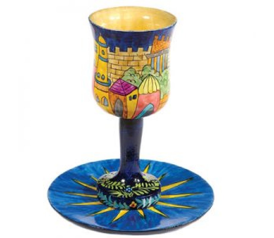Hand Painted Wood Stem Kiddush Cup and Plate, Jerusalem Views - Yair Emanuel