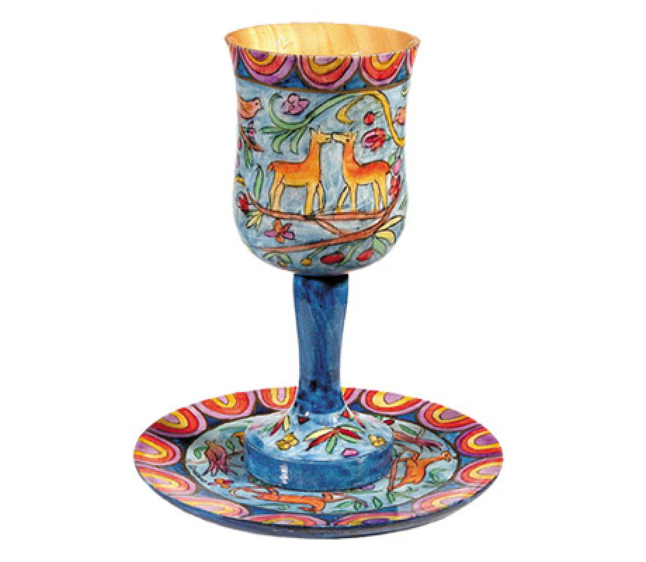 Hand Painted Wood Stem Kiddush Cup and Saucer, Oriental Forest - Yair Emanuel