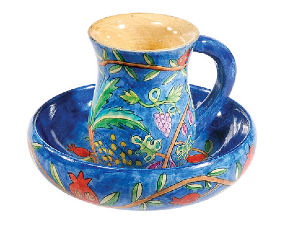 Hand Painted Wood Two-Piece Mayim Achronim Set, Seven Species - Yair Emanuel