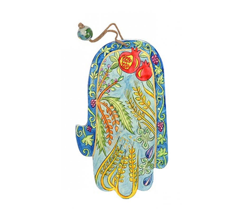 Hand Painted Wood Wall Hamsa, Green Seven Species - Yair Emanuel