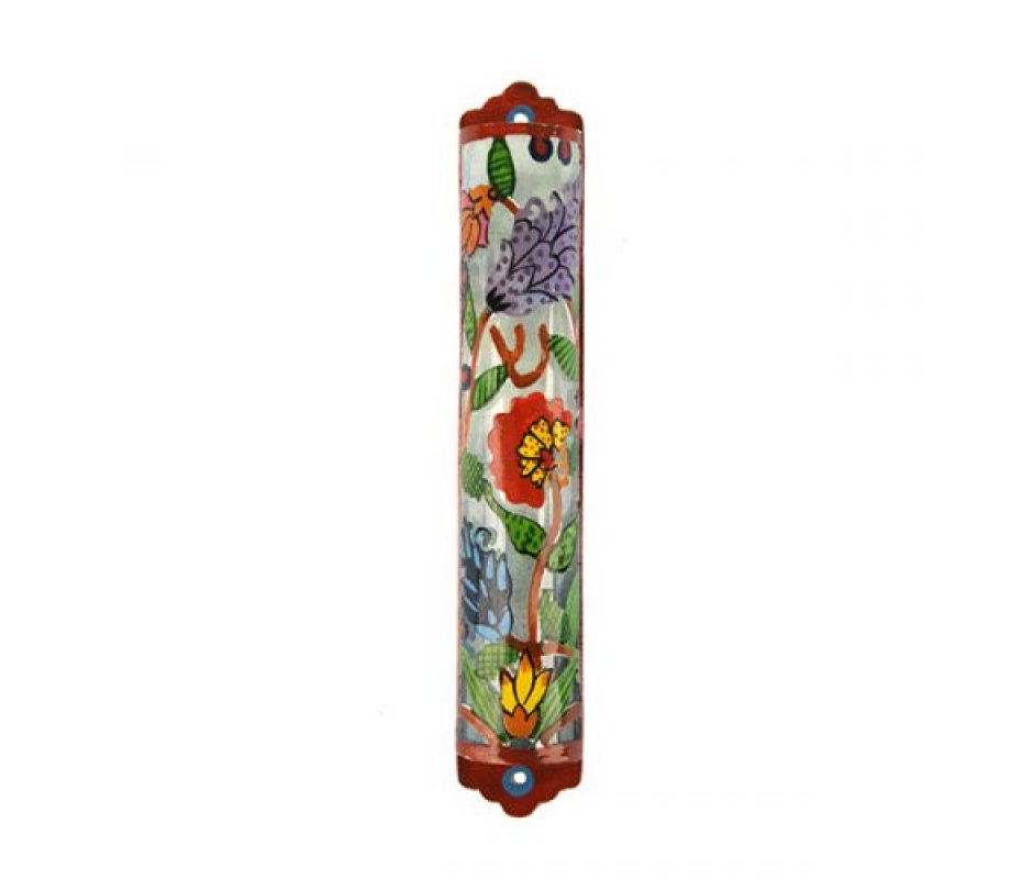 Hand painted Laser Cut Metal Mezuzah Case, Flowers - Yair Emanuel