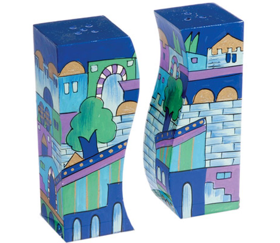 Hand-Painted Blue Jerusalem Wood Fitted Salt & Pepper Shaker - Yair Emanuel