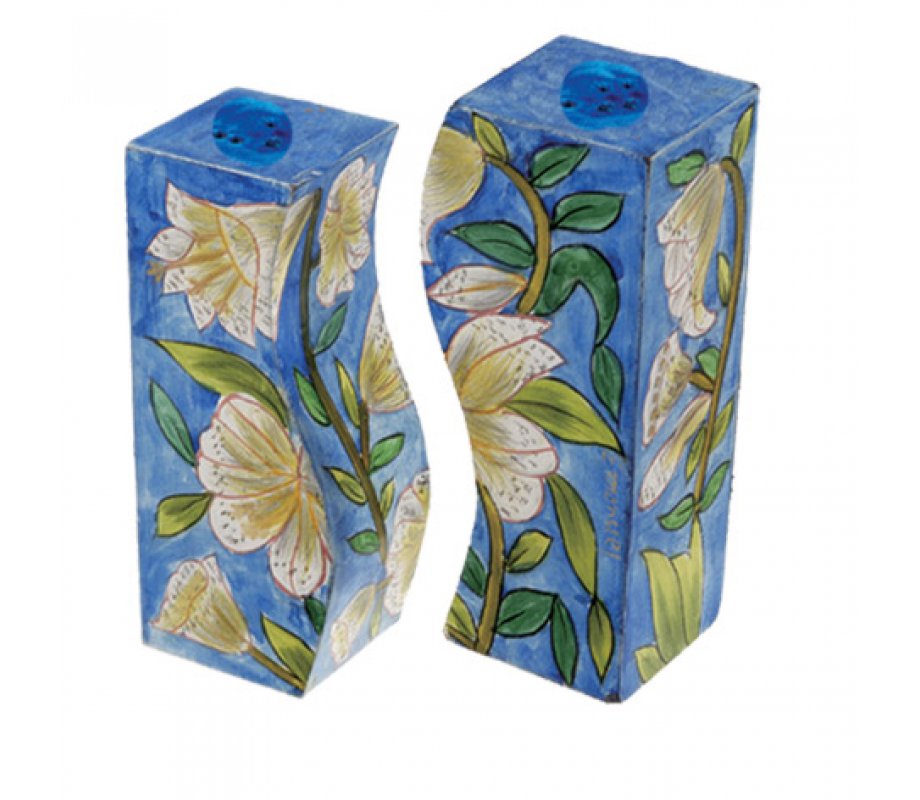 Hand-Painted Lily Design Wood Fitted Salt & Pepper Shaker - Yair Emanuel