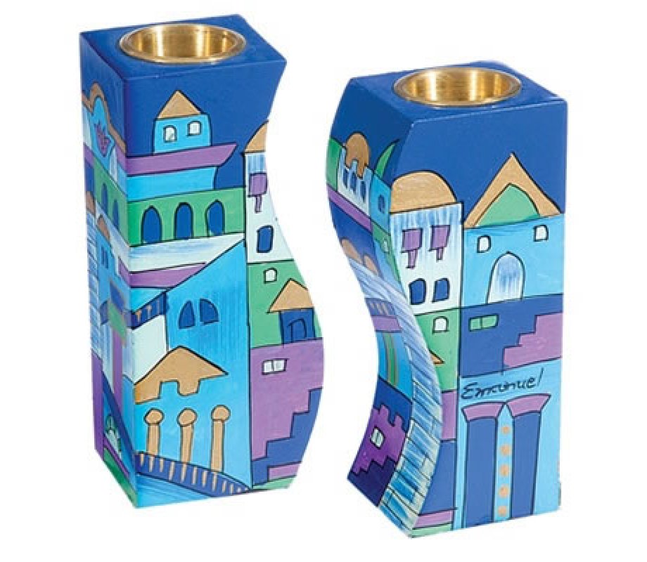 Hand-Painted Wood Fitted Candlesticks, Blue Jerusalem - Yair Emanuel