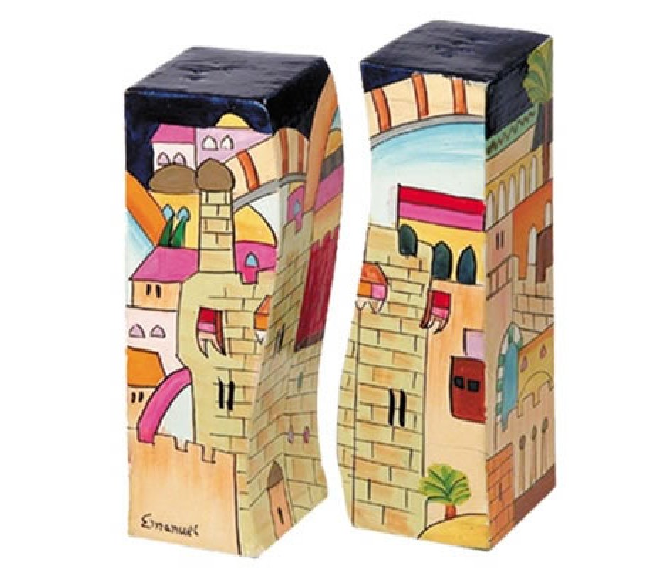 Hand-Painted Wood Fitted Salt & Pepper Shaker, Jerusalem - Yair Emanuel