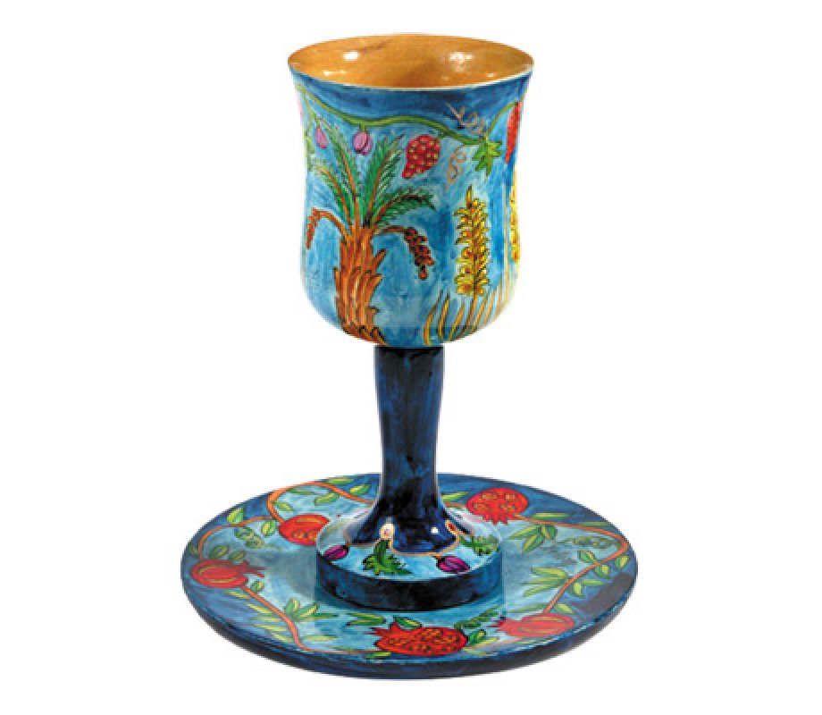Hand-Painted Wood Stem Kiddush Cup and Saucer, Seven Species by Yair Emanuel