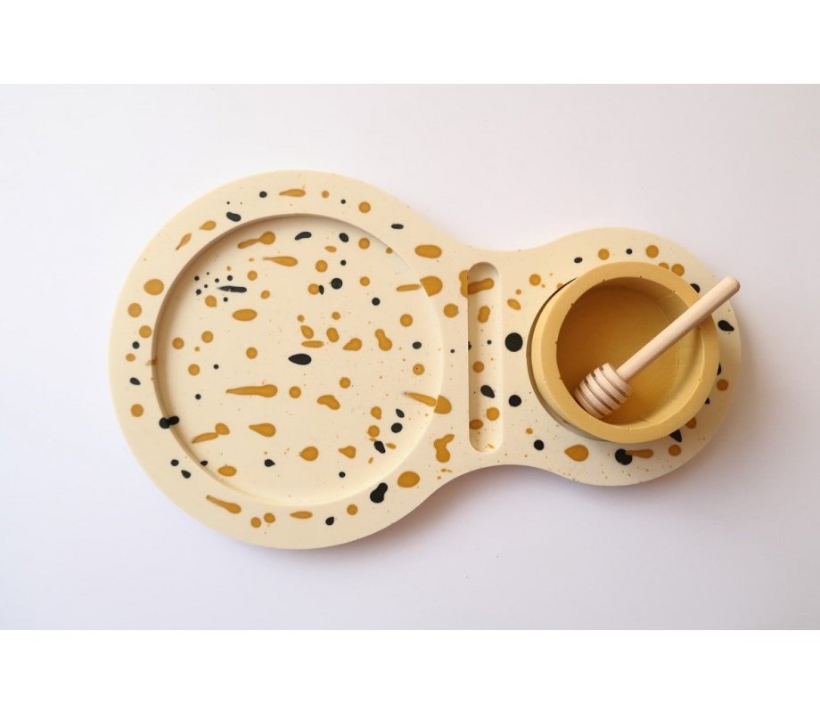 Handcrafted Apple Tray with Abstract Design and Yellow Honey Bowl - Graciela Noemi