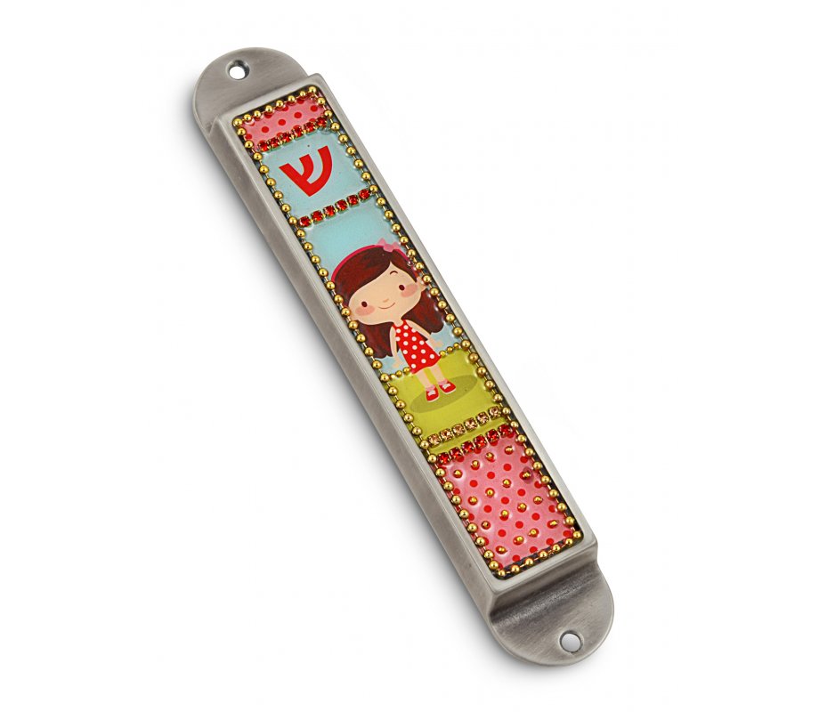 Handcrafted Pewter & Enamel Beaded Kids Mezuzah Case, Young Girl - Iris Design