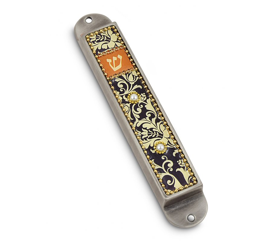 Handcrafted Pewter & Enamel Beaded Mezuzah Case, Florals on Black - Iris Design