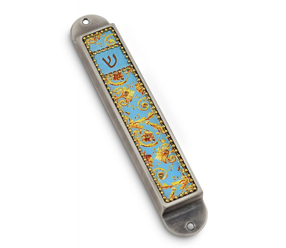 Handcrafted Pewter & Enamel Beaded Mezuzah Case, Golden Swirls - Iris Design