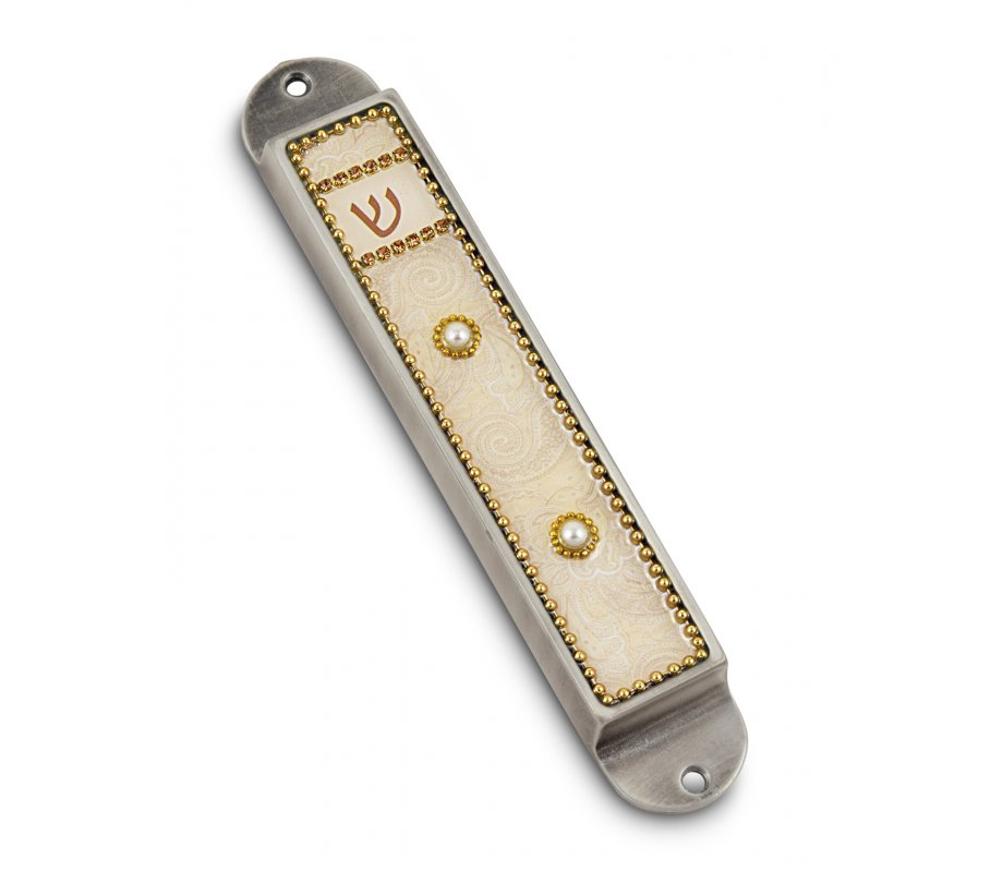 Handcrafted Pewter & Enamel Beaded Mezuzah Case, Pearls on Cream - Iris Design