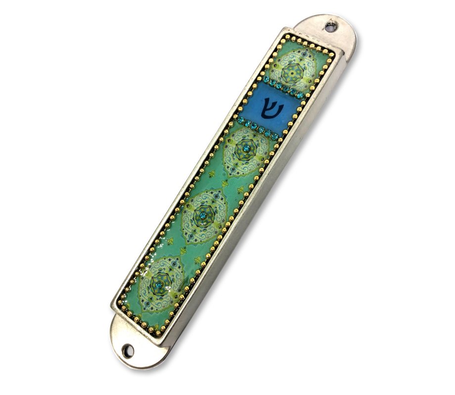 Handcrafted Pewter Enamel Beaded Mezuzah Case, Oriental Design - Iris Design