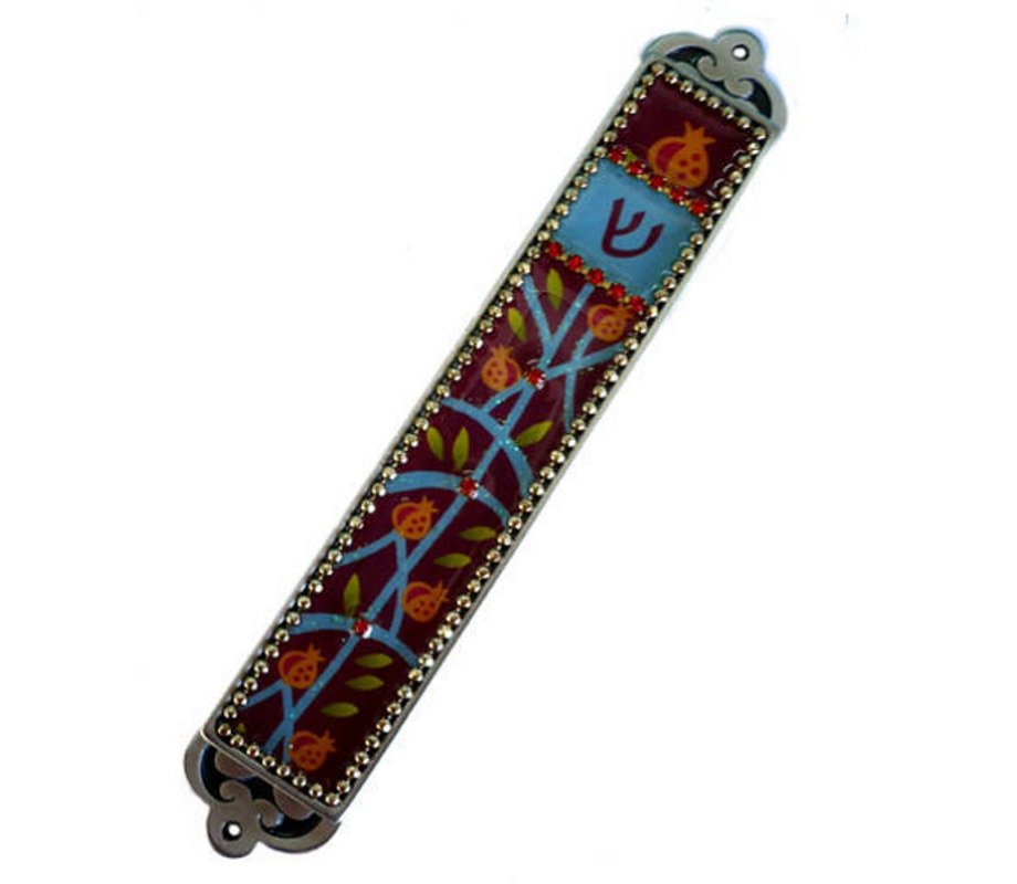 Handcrafted Pewter Enamel Beaded Mezuzah Case, Pomegranates - Iris Design