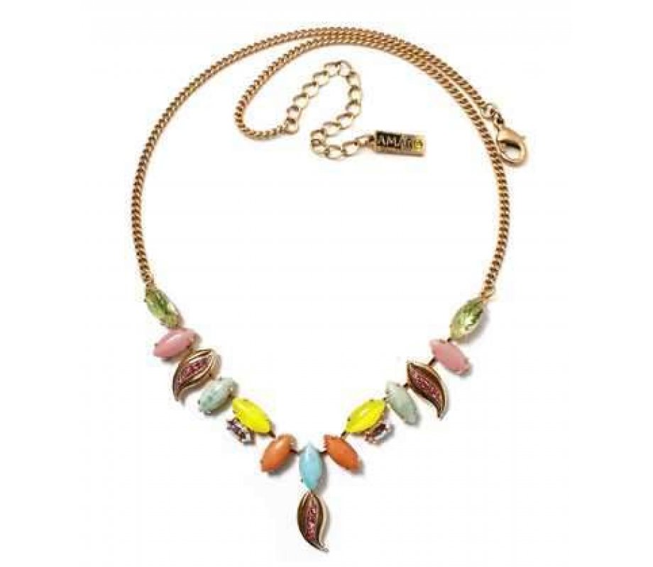 Handmade Gold Necklace with Colorful Leaf Shapes, Semi Precious Stones - Amaro