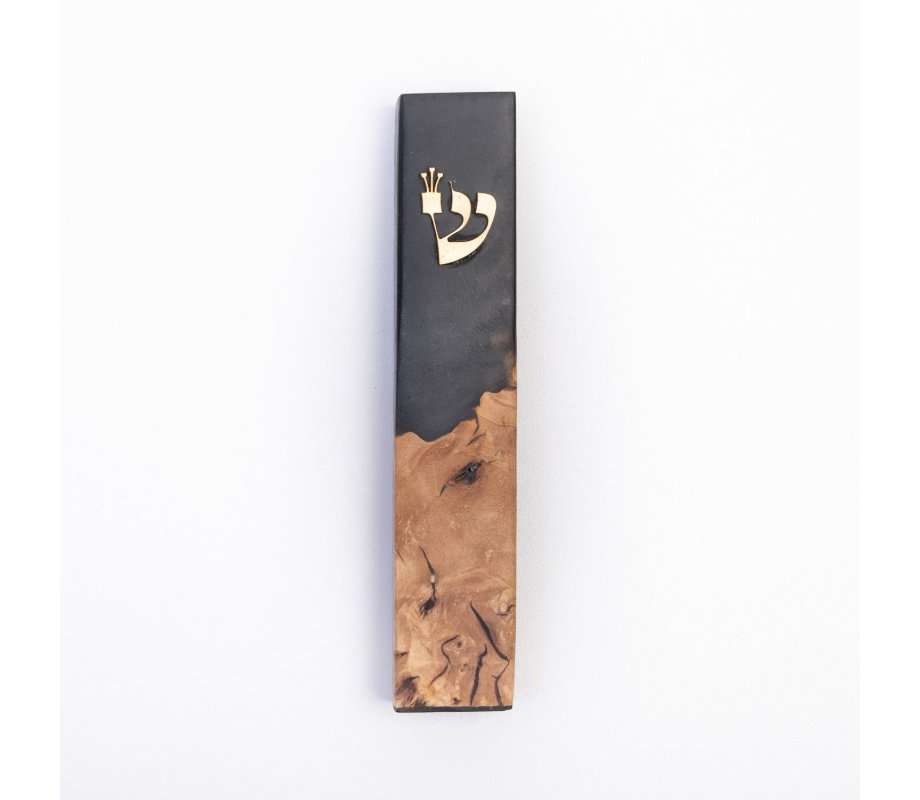 Handmade Mezuzah Case, Natural Olive Wood and Black Epoxy - Eial Ovin