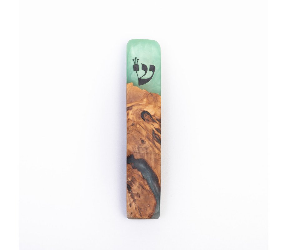 Handmade Mezuzah Case from Natural Olive Wood and Epoxy, Ocean Turquoise - Eial Ovin