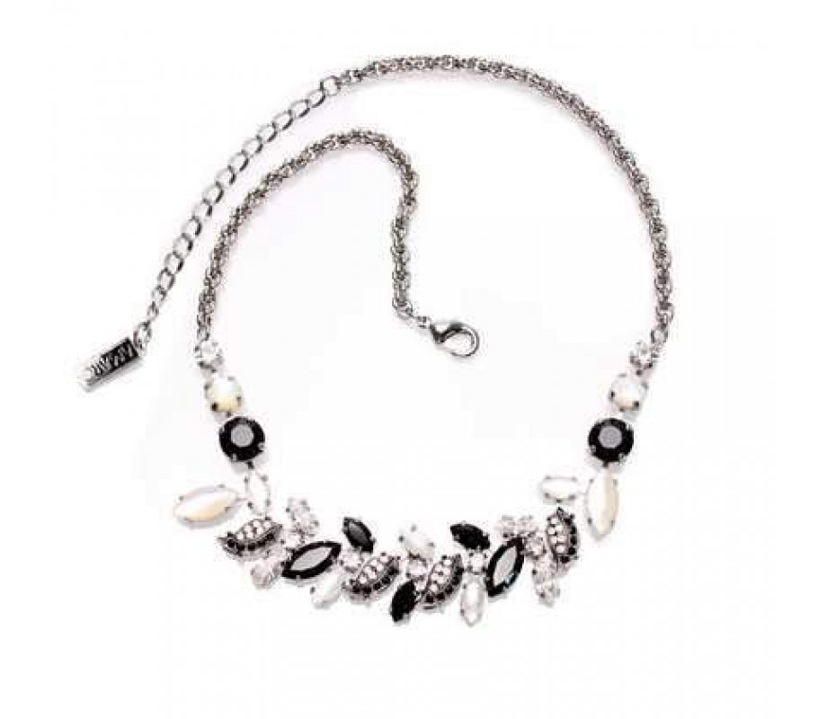 Handmade Necklace with Black and White Leaf Shapes, Semi Precious Stones - Amaro