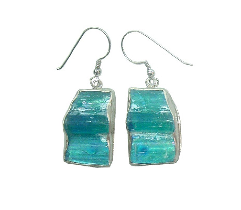 Handmade Sterling Silver Drop Earring with Roman Glass as Sea Waves - Michal Kirat