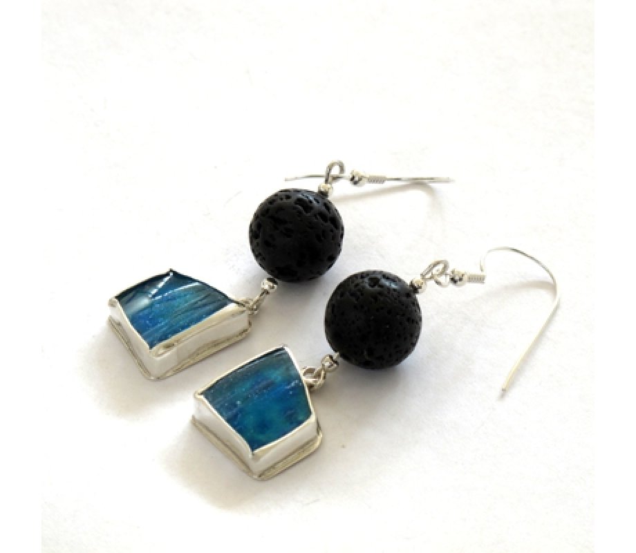 Handmade Sterling Silver Earrings, Roman Glass and Black Lava Beads - Michal Kirat