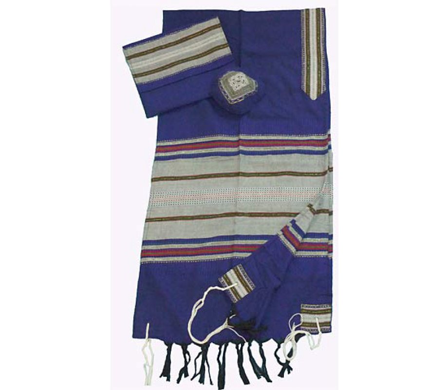 Handwoven Cotton Blue Tallit Prayer Shawl Set with Colored Stripes - Gabrieli
