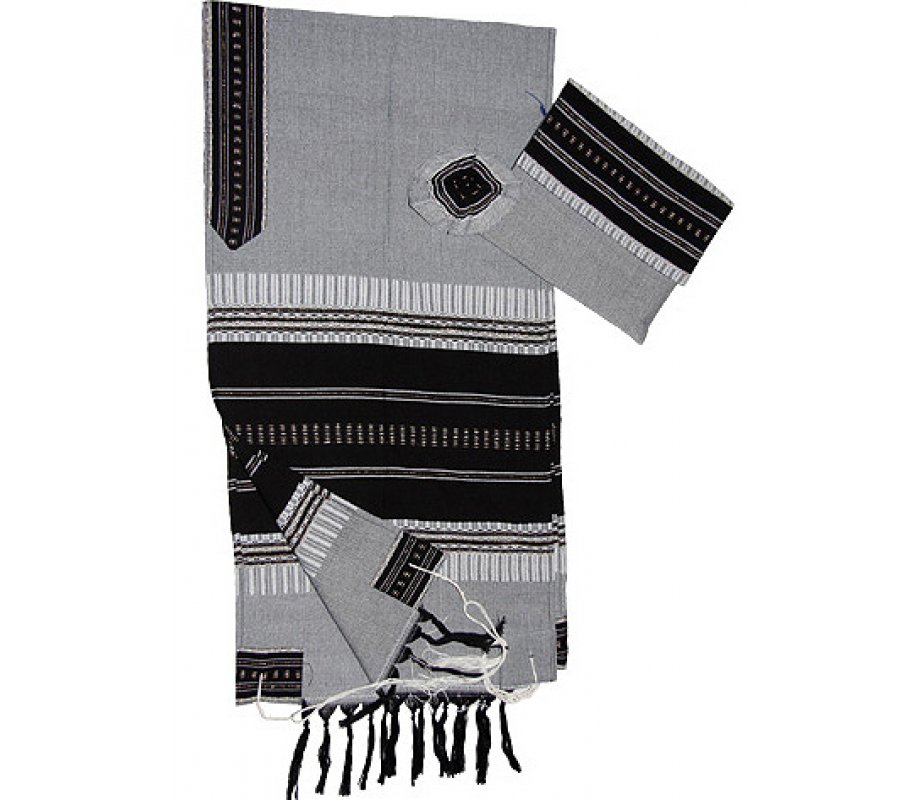Handwoven Cotton Gray Prayer Shawl Set with Black and Silver Stripes - Gabrieli