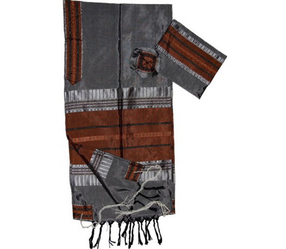Handwoven Gray Silk Prayer Shawl Tallit Set Copper Colored Stripes - Gabrieli