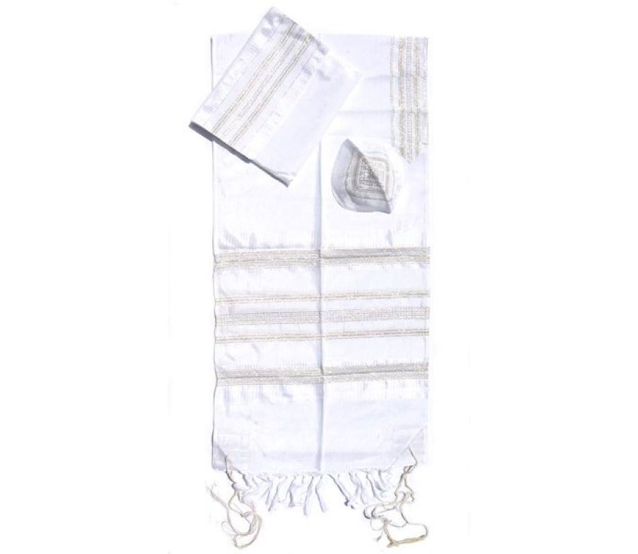 Handwoven Silk Prayer Shawl Set with Gold and Silver Stripes - Gabrieli