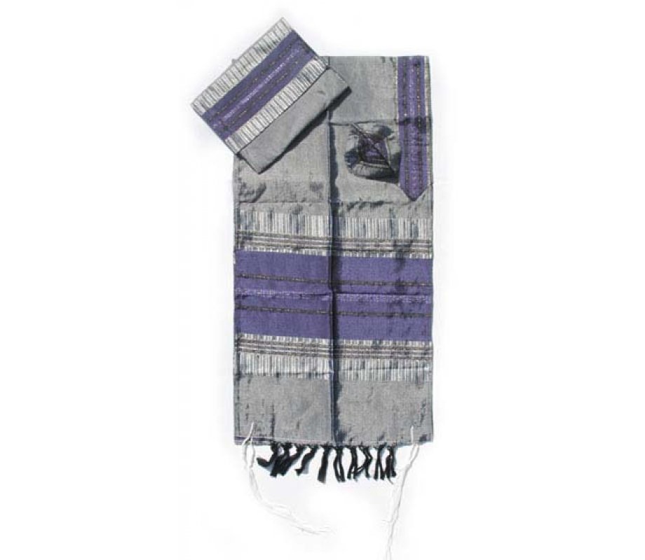 Handwoven Silk Prayer Shawl Set with Purple and Silver Stripes - Gabrieli
