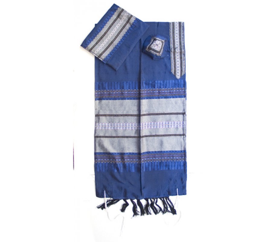 Handwoven Silk Royal Blue with Silver Stripes Prayer Shawl Set - Gabrieli
