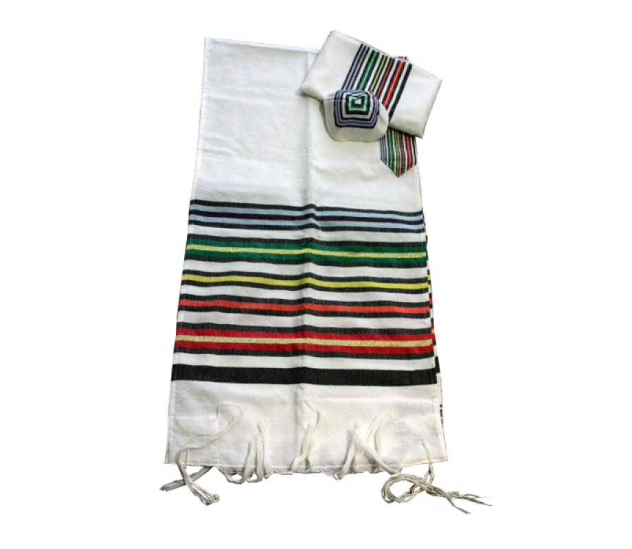 Handwoven White Prayer Shawl Set with Multicolor Joseph Coat Design - Gabrieli