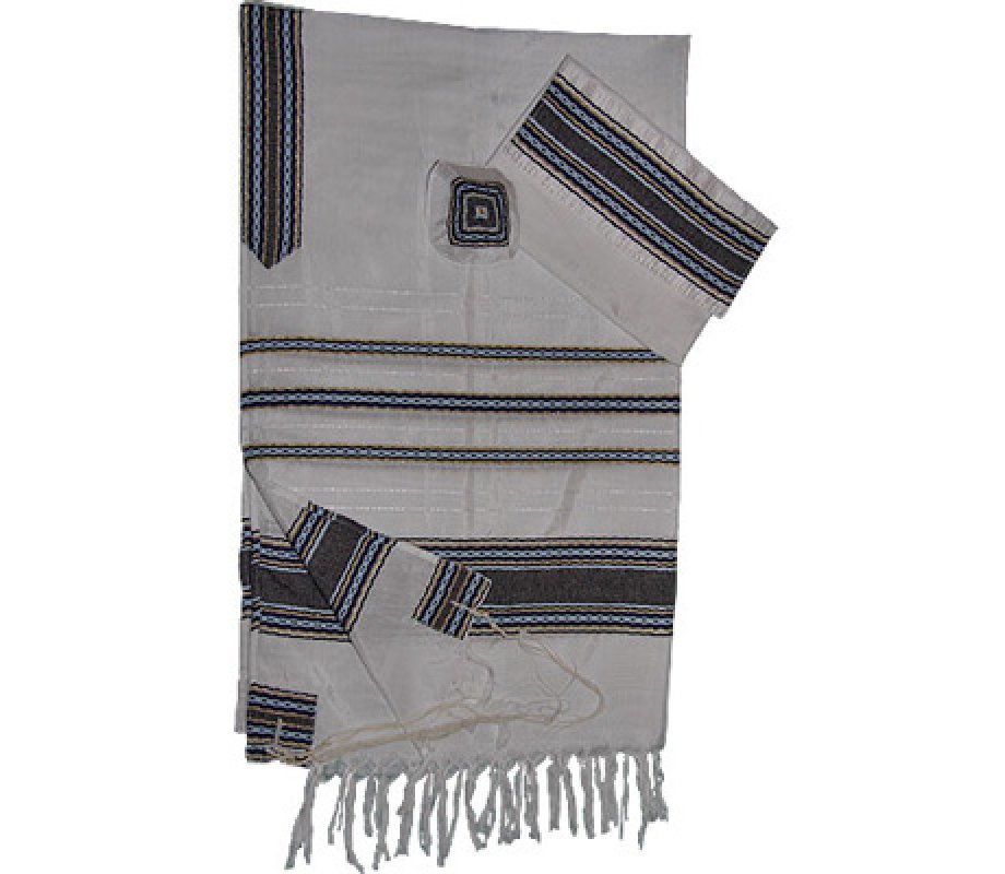 Handwoven White Silk Prayer Shawl Set with Blue and Gold Stripes - Gabrieli