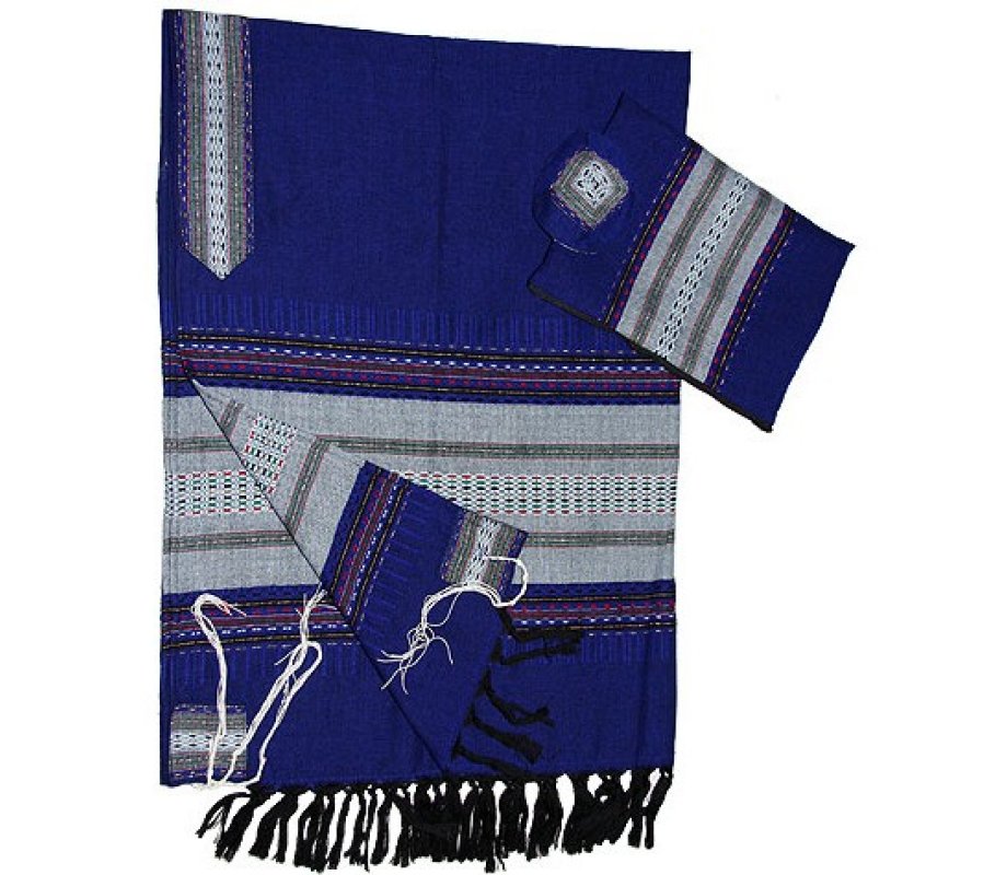 Handwoven Wool Prayer Shawl Tallit Set Royal Blue with Gray Stripes - Gabrieli