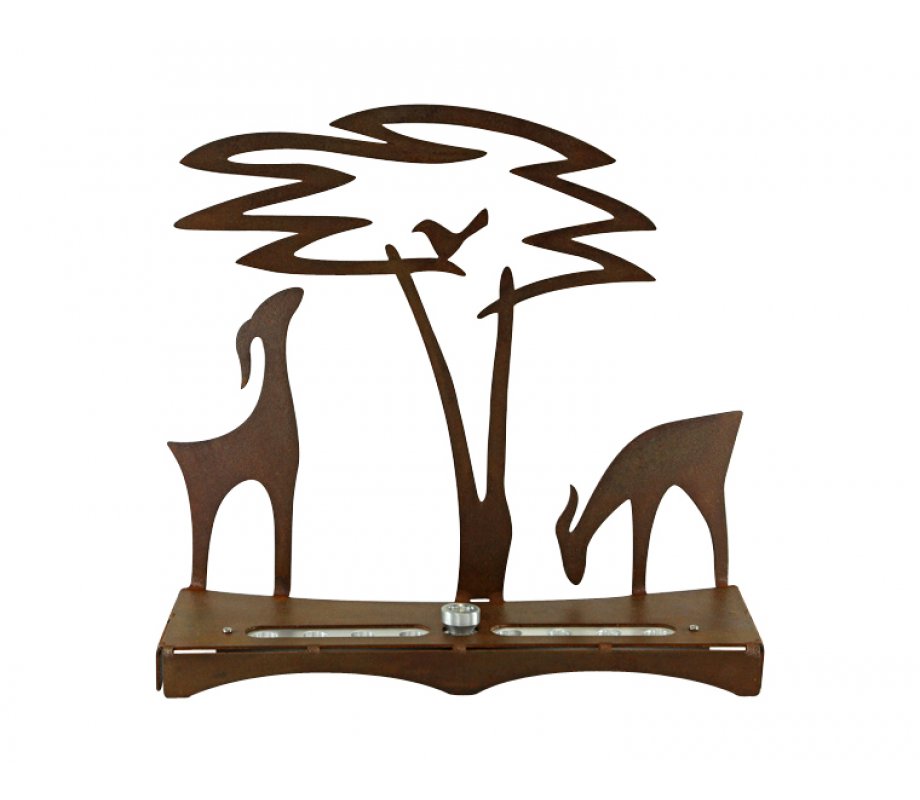 Hanukkah Menorah with Acacia Tree Deer and Bird, Rust Color - Shraga Landesman