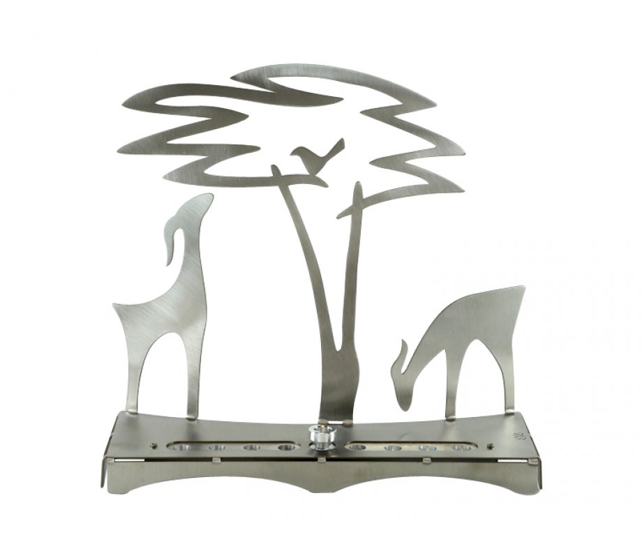 Hanukkah Menorah with Acacia Tree Deer and Bird, Silver - Shraga Landesman