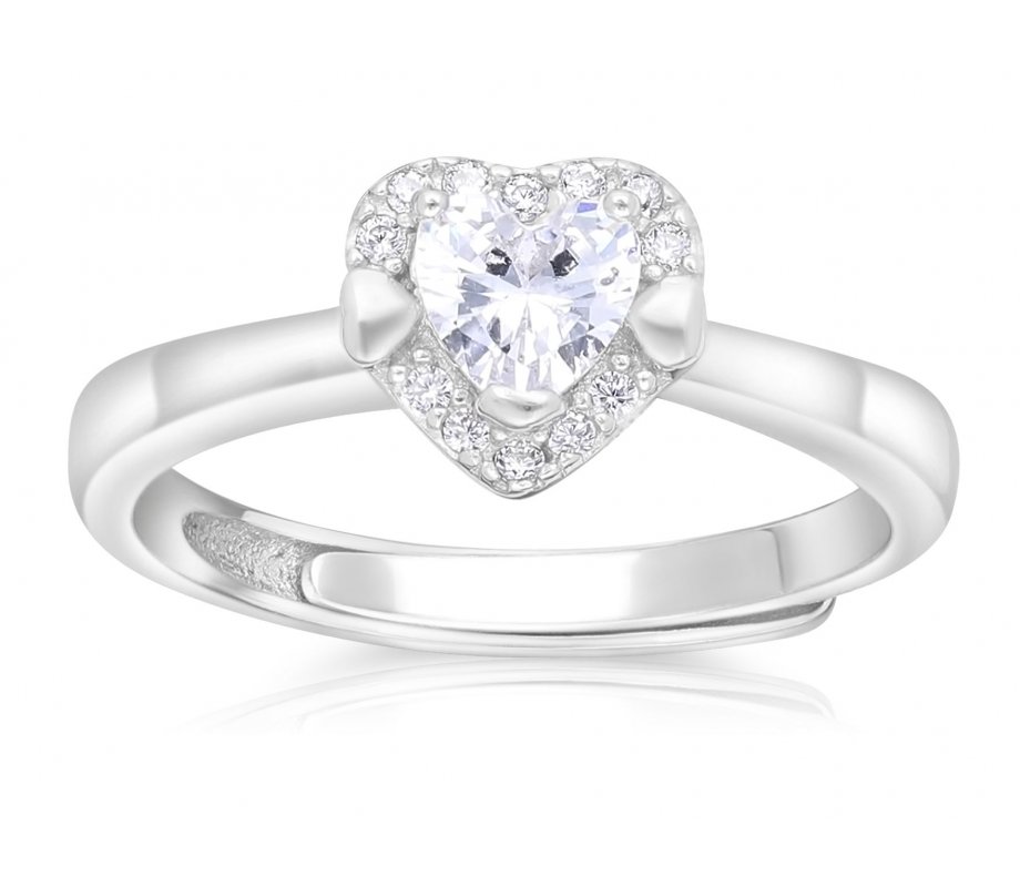 Heart Shaped Center Piece Adorned with Zirconim on sterling Siilver Adjustable Ring