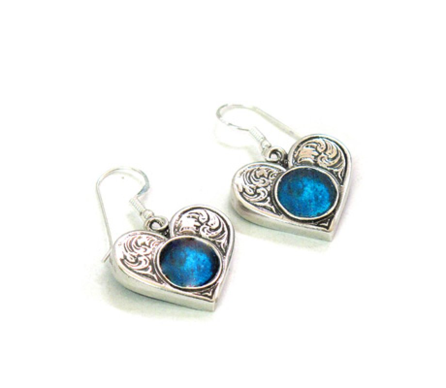 Heart-Shaped Sterling Silver Earrings Enclosing Luminous Roman Glass - Michal Kirat