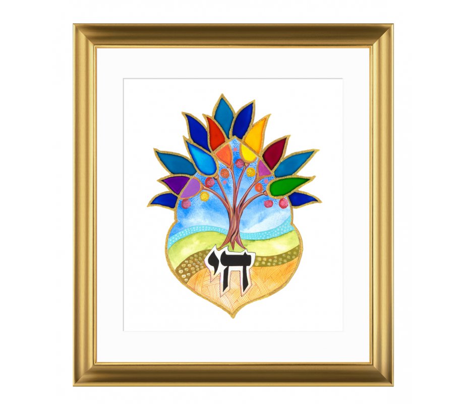 Hebrew Chai on Colorful Tree of Life Framed Print, Dvora Black