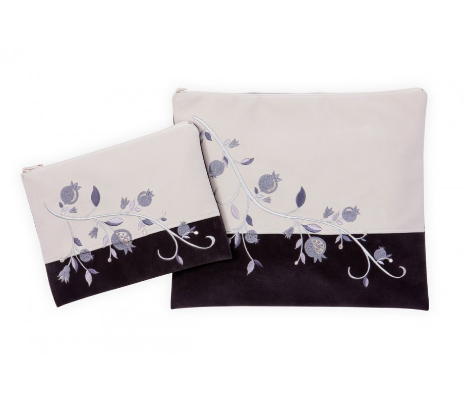 Impala Tallit Bag Set Off-White and Gray, Embroidery Silver Pomegranates - Ronit Gur
