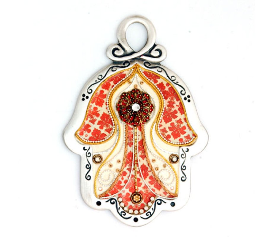 Intricate Red Design Wall Hamsa by Ester Shahaf
