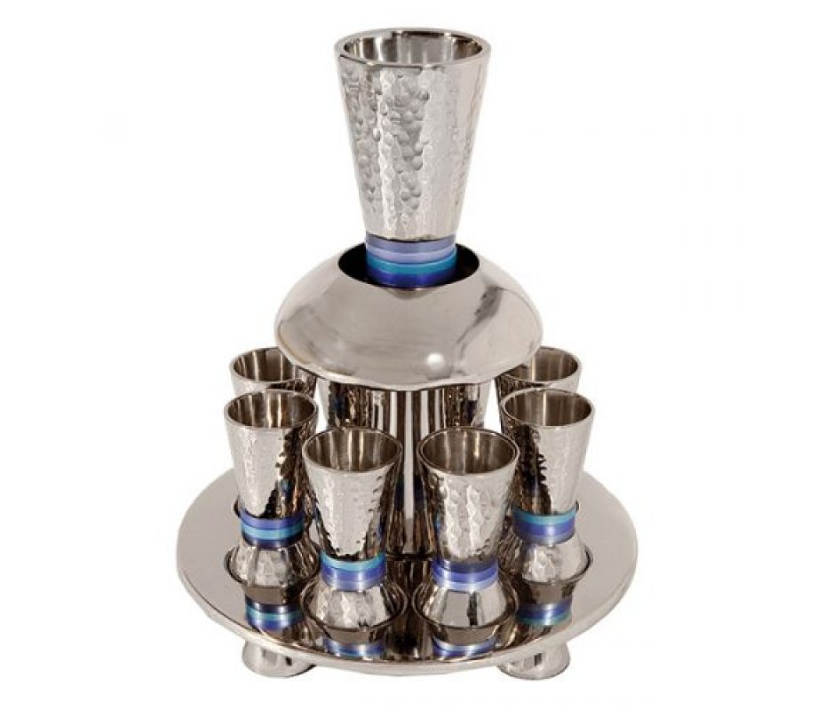 Kiddush Fountain with Goblet, Cups & Tray, Blue Rings - Yair Emanuel