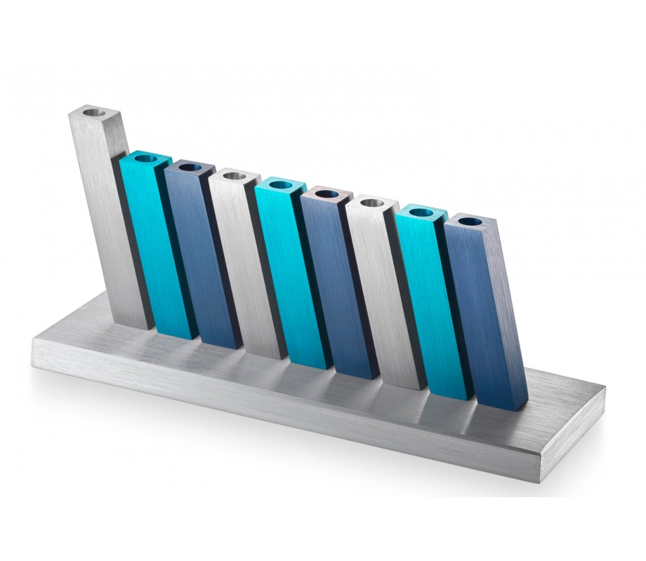 Kinetic Hanukkah Menorah Aluminum, Turquoise, Blue and Silver Rods - Adi Sidler