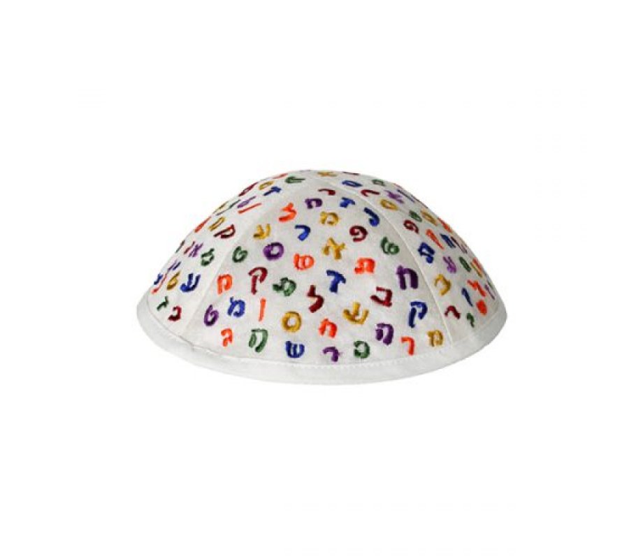 Kippah for Children, Colorful Embroidered Alef Bet on White - Yair Emanuel