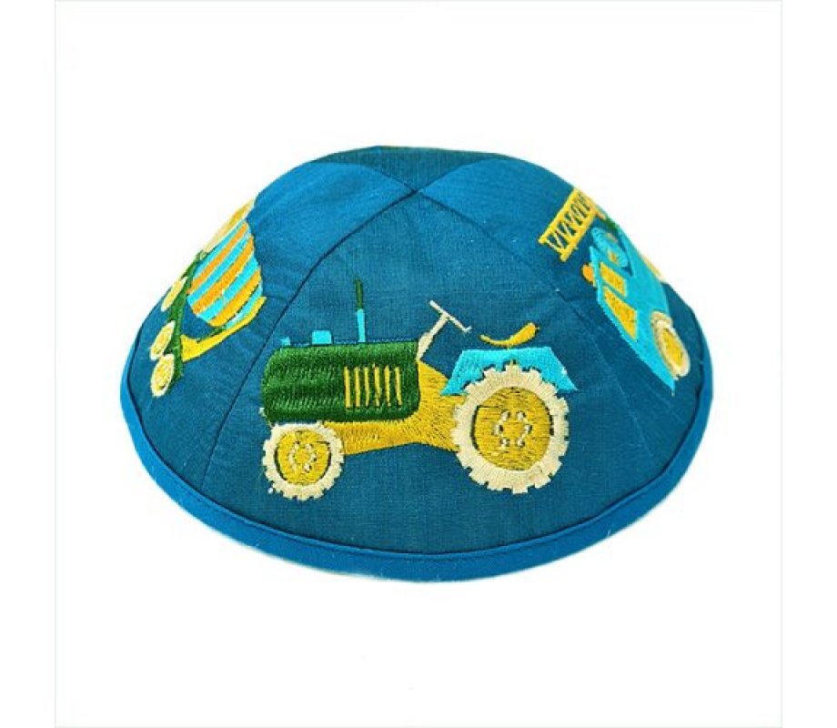 Kippah for Children, Embroidered Colored Trucks on Blue - Yair Emanuel